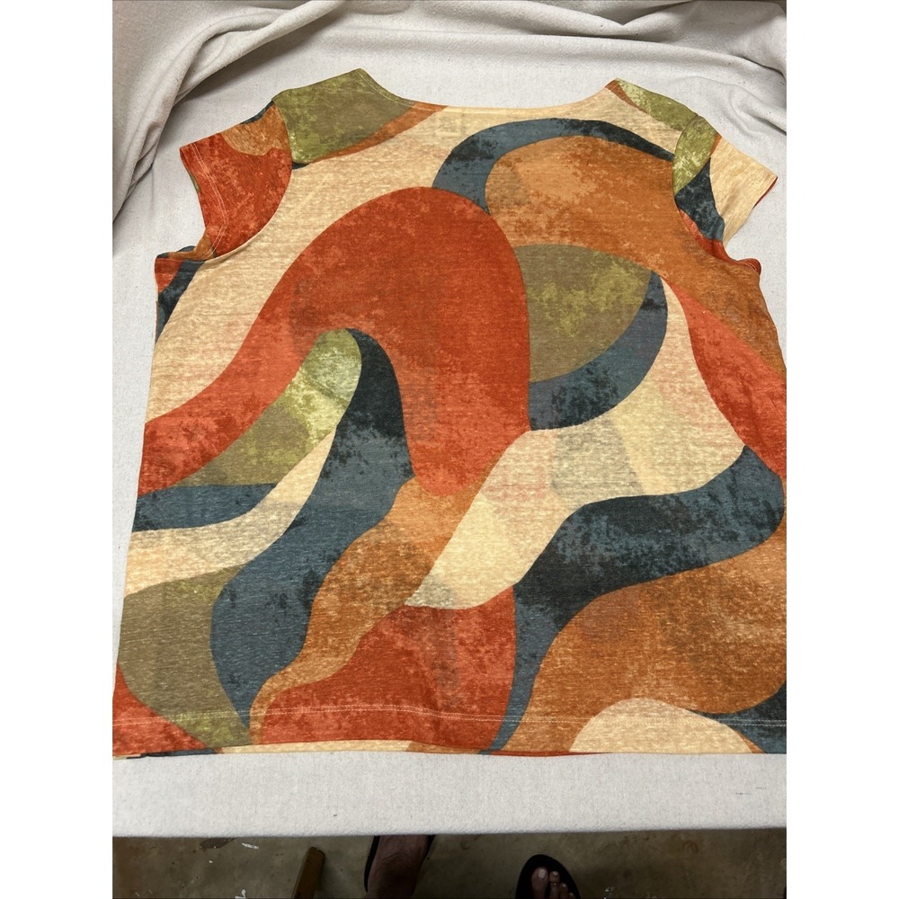 RACHEL ZOE Orange/Multi-Color Short Sleeve 100% LINEN T-Shirt TEE Size M Flowy - Picture 9 of 9